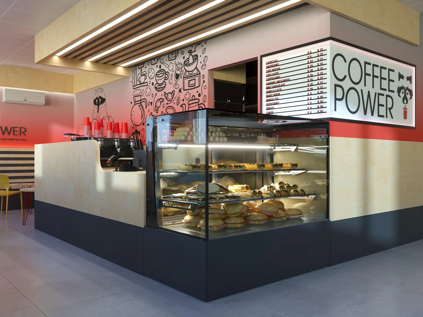 Бар COFFEE POWER з холодильним дисплеєм, меню та кавовим обладнанням