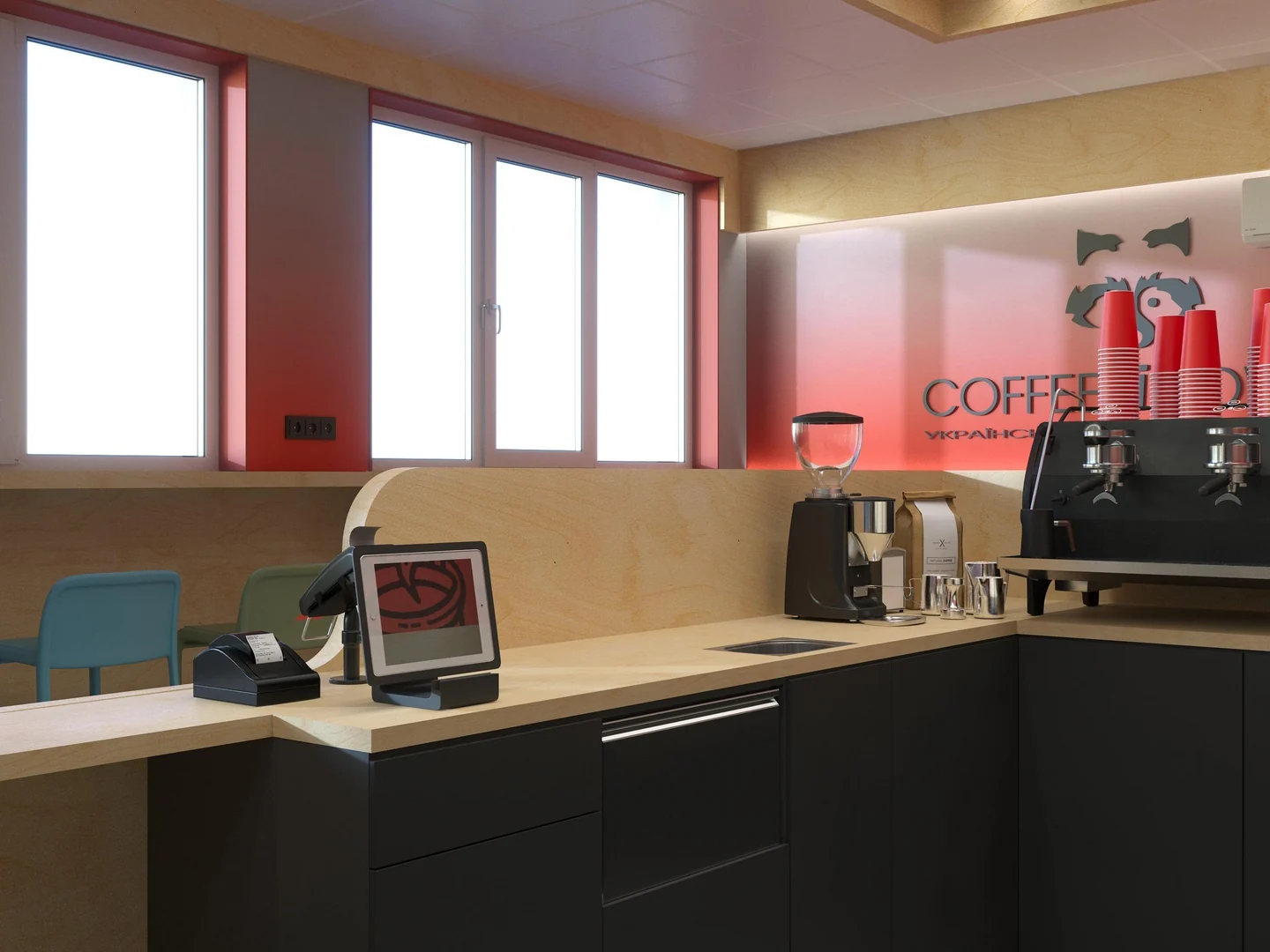 Робочий бік бару COFFEE POWER з касою, кавовим обладнанням і вікнами