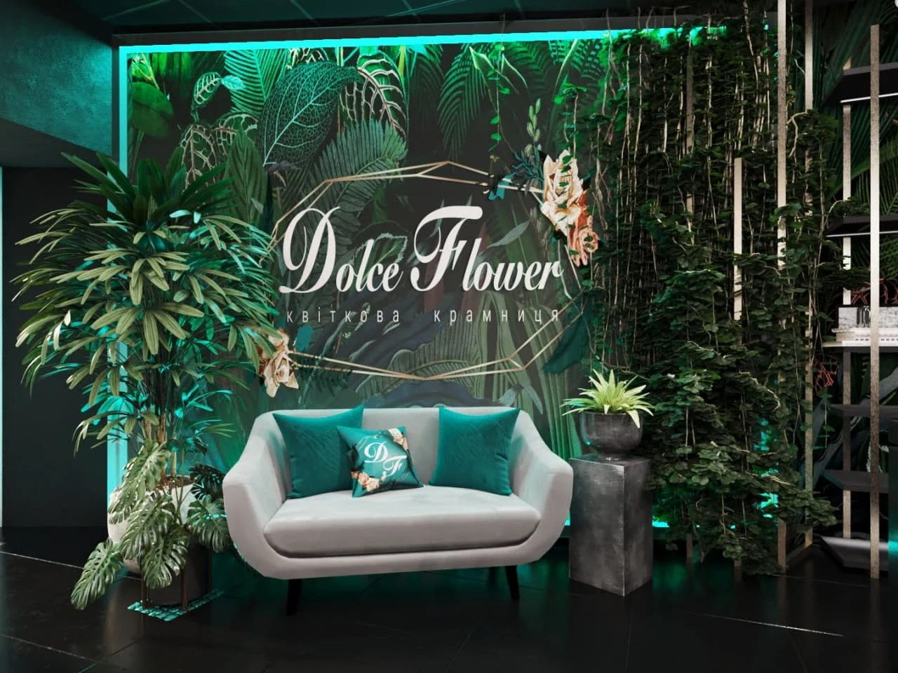 Диван із бірюзовими подушками перед стіною з написом Dolce Flower
