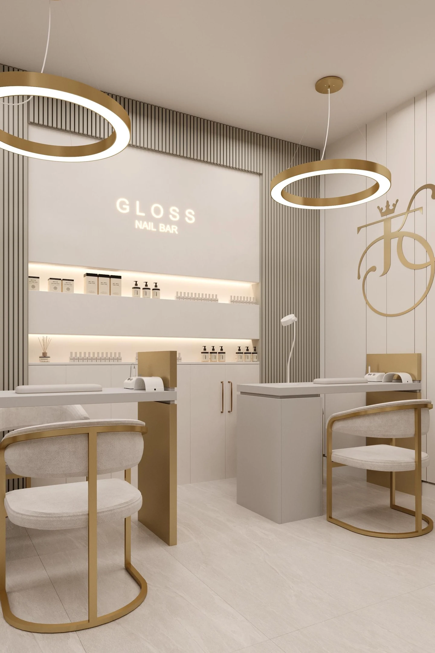 Робочий зал GLOSS Nail Bar із nail-столами, світлими меблями та фірмовою стіною