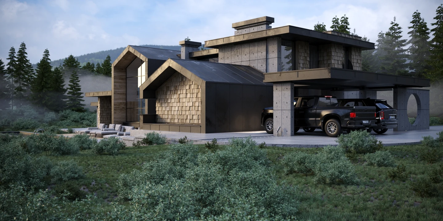Крите паркування на два автомобілі біля Shingle House з широкими світлими опорами та темним навісом