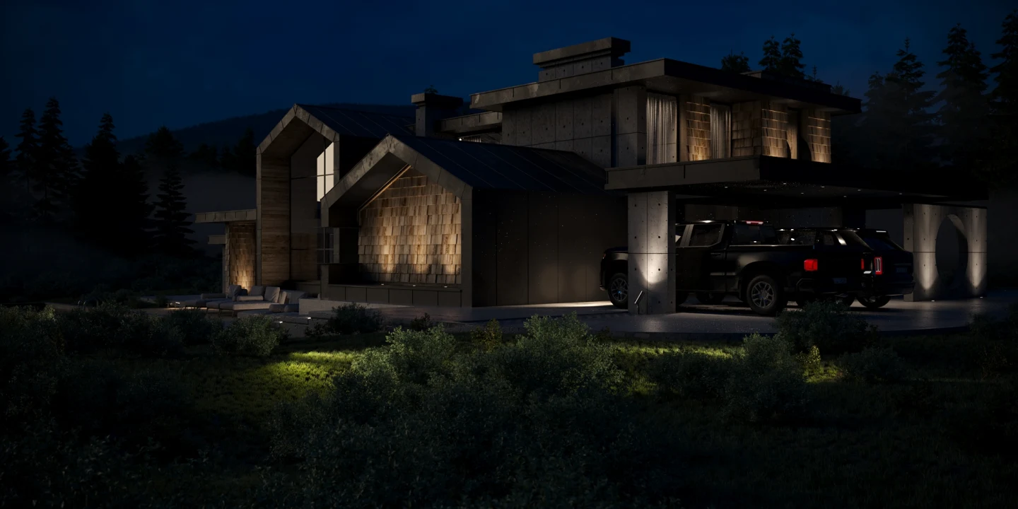Вечірній ракурс паркування Shingle House з освітленими опорами, рослинами й фактурним фасадом