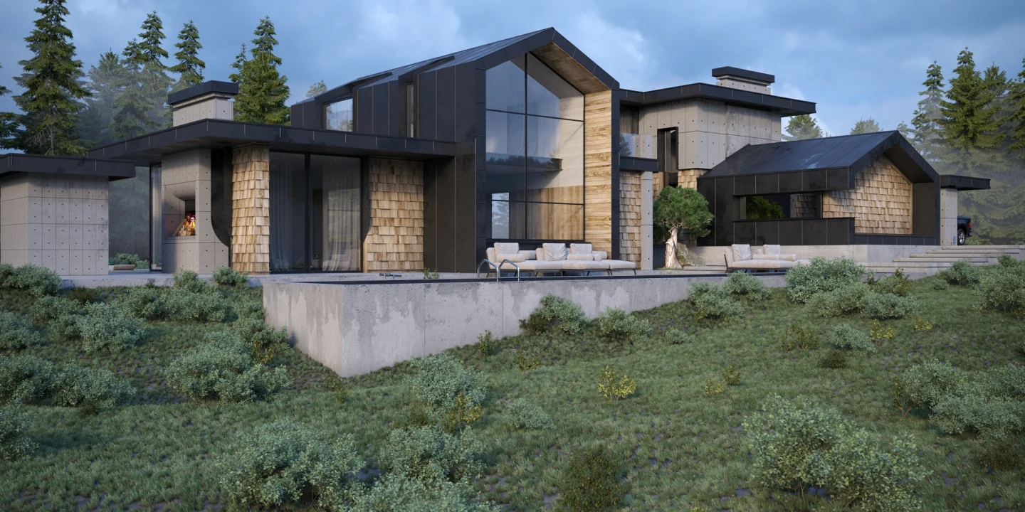 Садовий фасад Shingle House з терасою, зовнішніми диванами, басейном і деревом між крилами