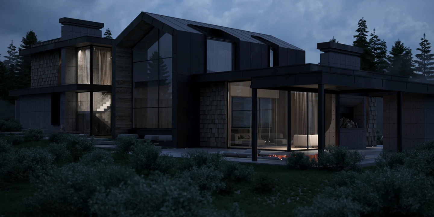 Той самий фасад Shingle House увечері з освітленими кімнатами та критою терасою