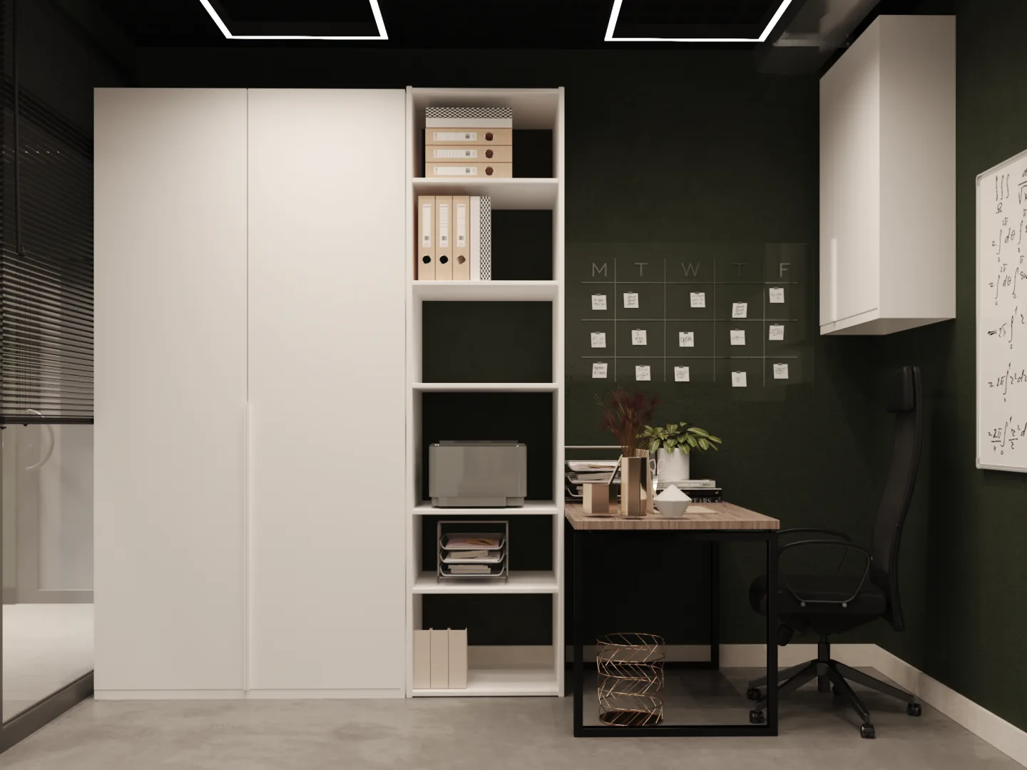 Допоміжний офіс із робочим столом, відкритими полицями та високими шафами